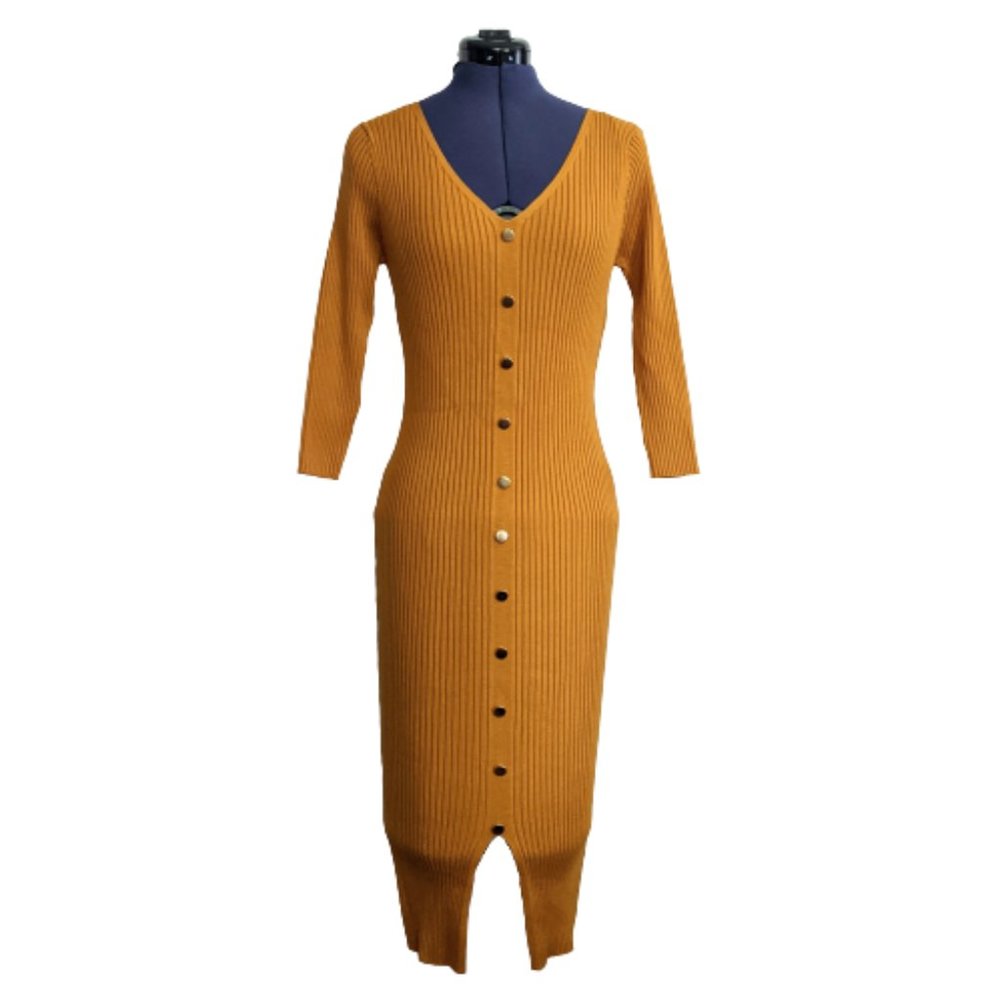 Women's Small Mustard Yellow Rib Knit Bodycon Button Up Dress with Slit